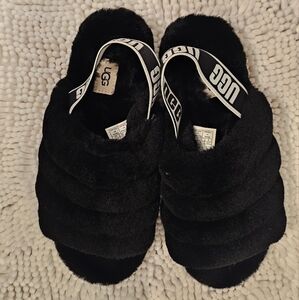 UGG Fluff Yeah Woman's Shearling Slingback Sandal Slippers Black Size 8